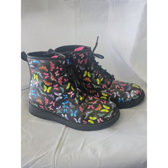 Skechers Boots Girls 3 Black Gravlen Combat Rainbow Kids Grunge Butterfly Boots - Picture 3 of 9